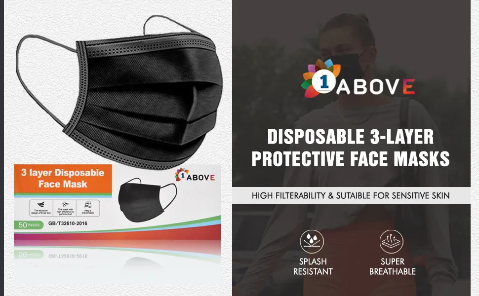 1Above 50pk- Disposable 3-Layer Face Masks High Filterability Suitable For Sensitive Skin (Black) - Disposable 3-Layer Face Masks