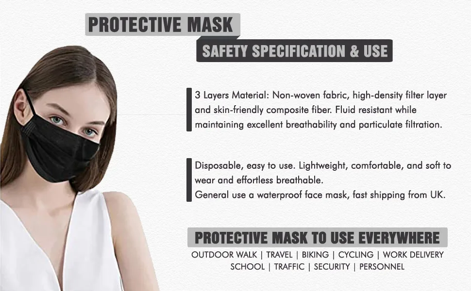 1Above 50pk- Disposable 3-Layer Face Masks High Filterability Suitable For Sensitive Skin (Black) - Disposable 3-Layer Face Masks