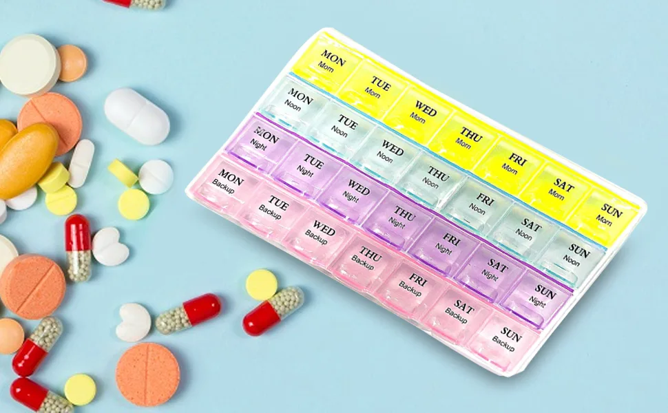 REQUISITE NEEDS Weekly Pill Box 7 Day 28 Compartments Tablet Organiser with Labels for Medicines Supplements Vitamins Cod Liver Oil - product information 7