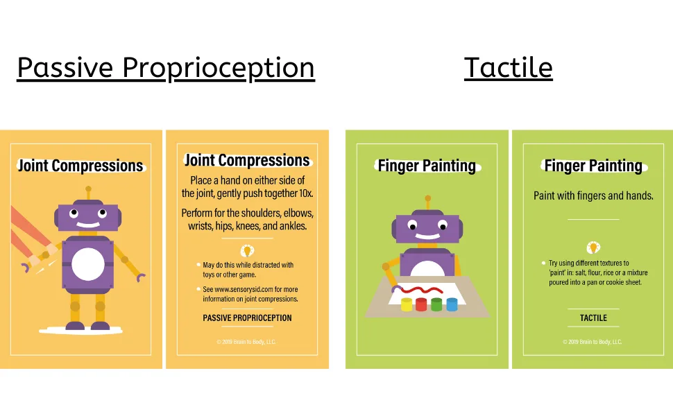 Sensory Sid Activity Cards | Sensory Diet Flash Cards | Therapy Cards for Sensory Processing Disorder - Sample cards of Joint Compressions and Tactile