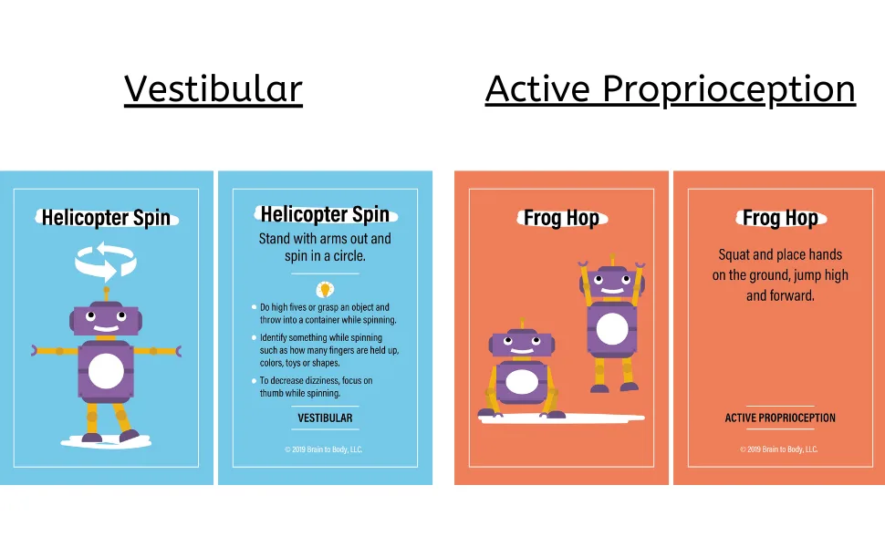Sensory Sid Activity Cards | Sensory Diet Flash Cards | Therapy Cards for Sensory Processing Disorder - Sample Cards of Vestibular and Active Proprioception