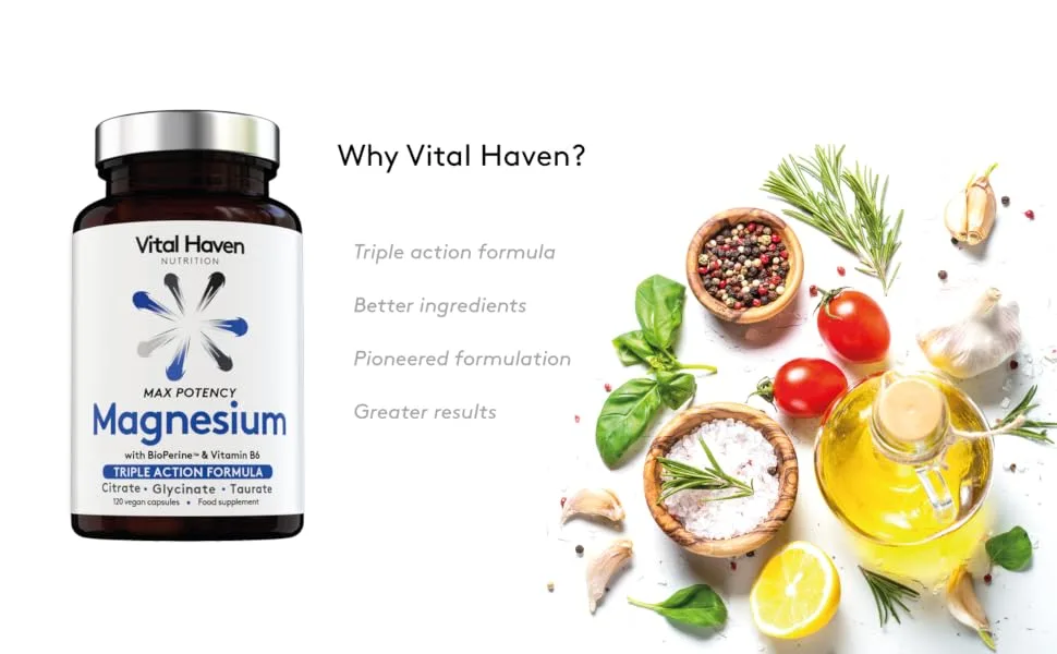 Complex Triple Action Formula - Magnesium Citrate + Glycinate + Taurate and Vitamin B6 with Bioperine for Maximum Absorption - Max Potency - Premium Ingredients - Vegan - Made in The UK - Why Vital Haven