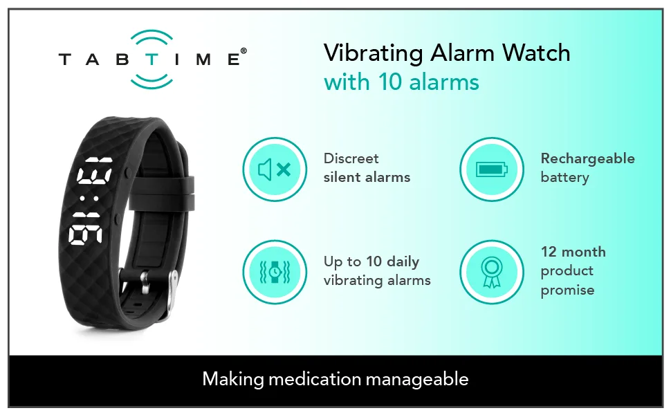 TabTime Vibrating Alarm Reminder Watch (Black - Small) - with up to 10 Personal Alarms or Reminders per Day Black Small - TabTime Watch pill alarm tablet medication reminder alarm vibration vibrate vibrating deaf silent