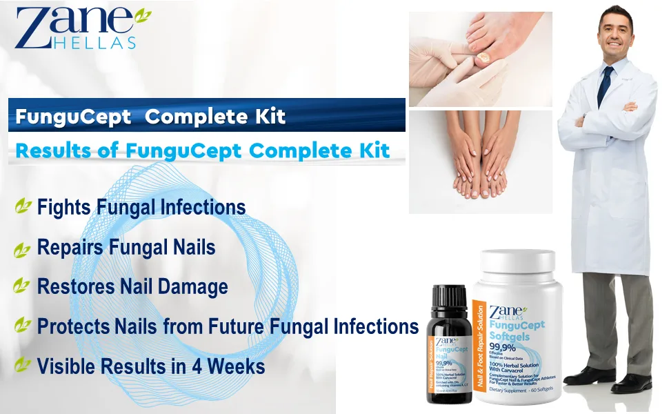 Zane Hellas FunguCept Complete. Nail Solution for Discolored Thickened and Crumbled Nails Visible Results in 4 Weeks.0.33 oz -10ml and 60 Softgels. - Antifungal Treatment