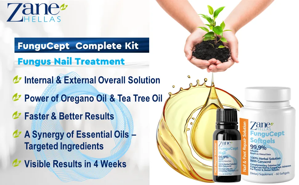 Zane Hellas FunguCept Complete. Nail Solution for Discolored Thickened and Crumbled Nails Visible Results in 4 Weeks.0.33 oz -10ml and 60 Softgels. - Antifungal Treatment
