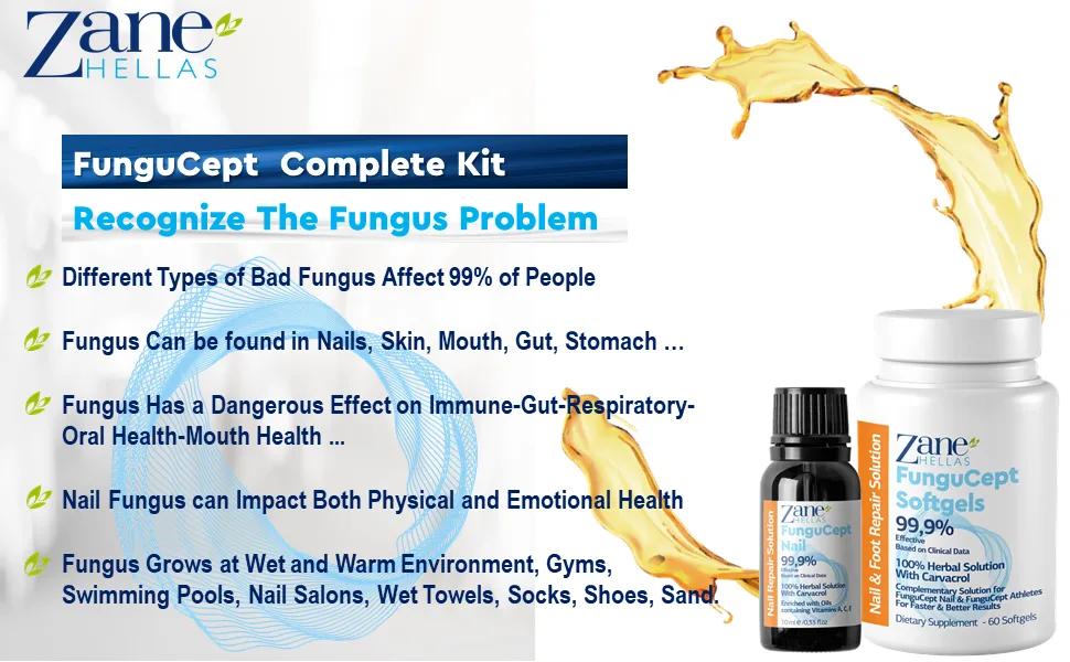 Zane Hellas FunguCept Complete. Nail Solution for Discolored Thickened and Crumbled Nails Visible Results in 4 Weeks.0.33 oz -10ml and 60 Softgels. - Antifungal Treatment
