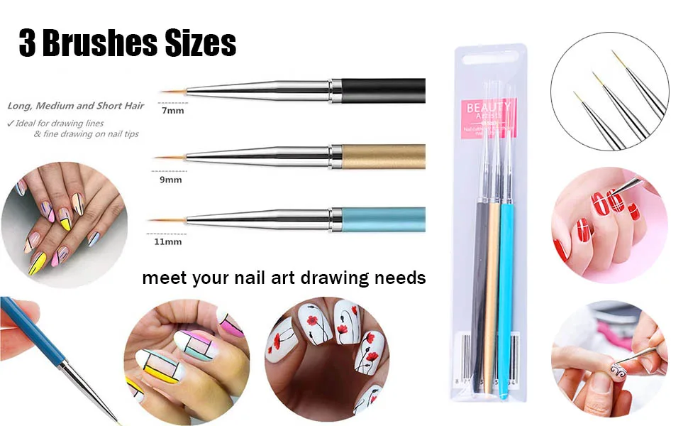 3Pcs Nail Art Brushes Fine Liner Nail Art Design Tools for DIY Nail Painting Drawing(7/9/11mm) - product information 2
