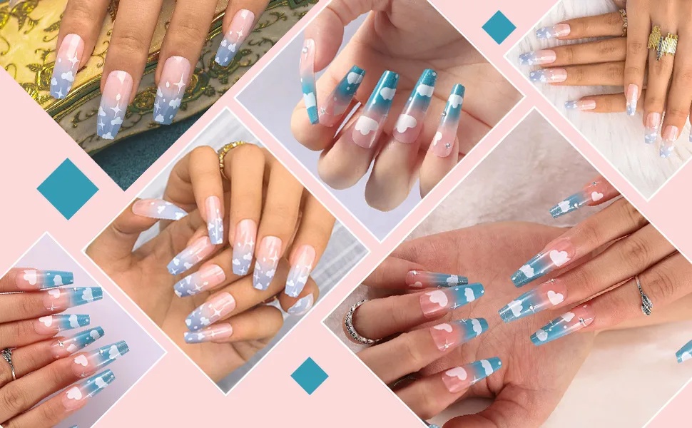 24PCS Gradient Pink Cloud False Nails Full Cover Long Coffin Press on Nails with Rhinestones Design Nails Tips for Party Prom and Women Style C - product information 2
