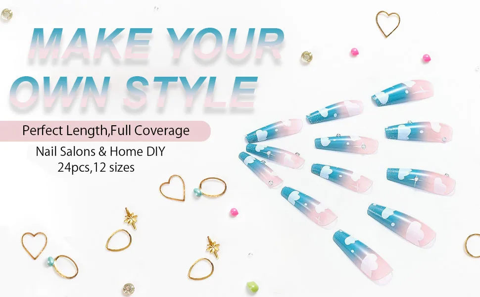 24PCS Gradient Pink Cloud False Nails Full Cover Long Coffin Press on Nails with Rhinestones Design Nails Tips for Party Prom and Women Style C - product information 3
