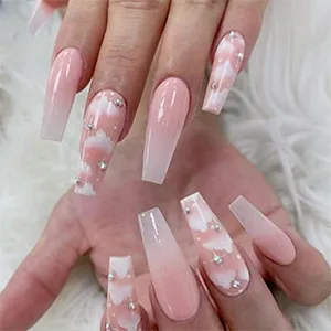 24PCS Gradient Pink Cloud False Nails Full Cover Long Coffin Press on Nails with Rhinestones Design Nails Tips for Party Prom and Women Style C - product information 4