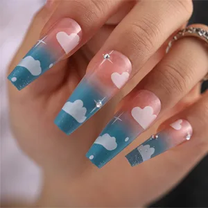 24PCS Gradient Pink Cloud False Nails Full Cover Long Coffin Press on Nails with Rhinestones Design Nails Tips for Party Prom and Women Style C - product information 5
