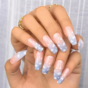 24PCS Gradient Pink Cloud False Nails Full Cover Long Coffin Press on Nails with Rhinestones Design Nails Tips for Party Prom and Women Style C - product information 6
