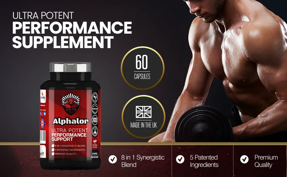 Nutrinly Alphalor Performance Support | Powerhouse Formula | High Strength Tribulus Terrestris Extract Ashwagandha KSM-66 PrimaVie Shilajit EuryGold elevATP & More 30 Servings - Made in The U.K - muscle building supplements bodybuilding supplements testosterone supplements for men