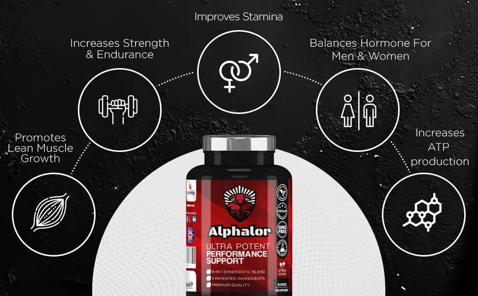 Nutrinly Alphalor Performance Support | Powerhouse Formula | High Strength Tribulus Terrestris Extract Ashwagandha KSM-66 PrimaVie Shilajit EuryGold elevATP & More 30 Servings - Made in The U.K - workout supplements ashwagandha root extract ashwagandha root mood support supplement