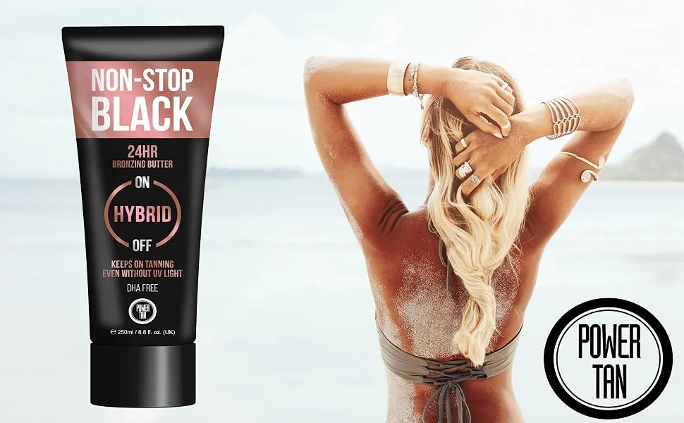 Power Tan Non-Stop Black Bronzing Butter (DHA Free) Hybrid UV Sunbed Tanning Accelerator 250ml - NSBB MODEL SHOT W LOGO
