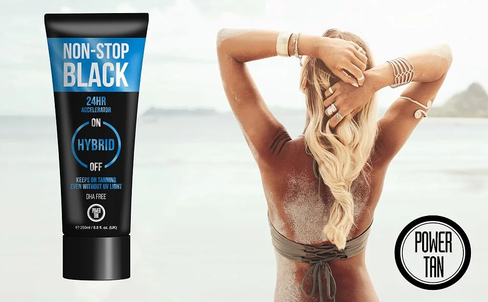 Power Tan Non-Stop Black (DHA Free) Hybrid UV Sunbed Tanning Accelerator Lotion 250ml - NSB Model Shot