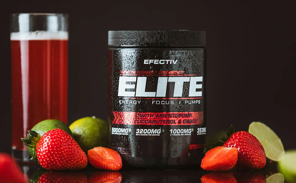 Efectiv Elite Premium Pre Workout Intensifier - Enhanced Energy - Helps Focus - Provides Pumps - with Amentopump Cocoabuterol and GBBGO - 420grams (Strawberry Lime) - Elite strawberry and lime