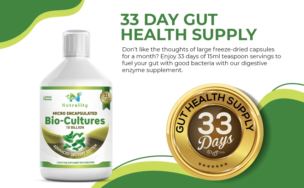 Nutrality Micro Encapsulated Cultures Complex Advanced Delivery Probiotics Supplement Gut Health 500ml - High Strength Lemon Digestive Enzyme Liquid Lactobacillus Acidophilus & Bifidobacterium - 33 Day Gut Health Supply
