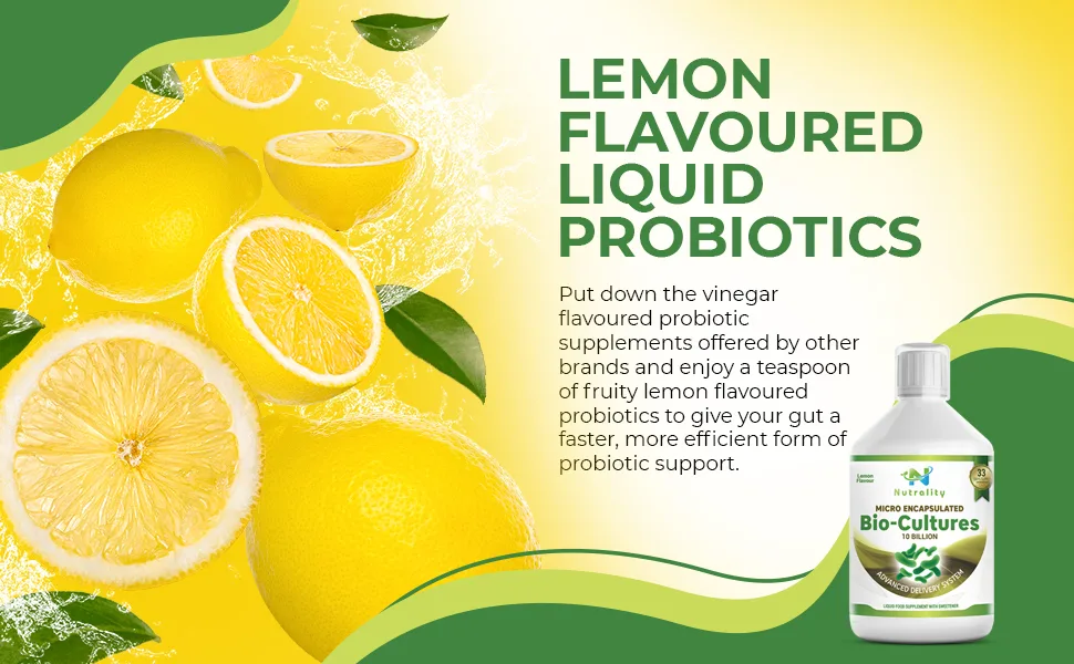 Nutrality Micro Encapsulated Cultures Complex Advanced Delivery Probiotics Supplement Gut Health 500ml - High Strength Lemon Digestive Enzyme Liquid Lactobacillus Acidophilus & Bifidobacterium - Lemon flavoured Liquid Probiotics