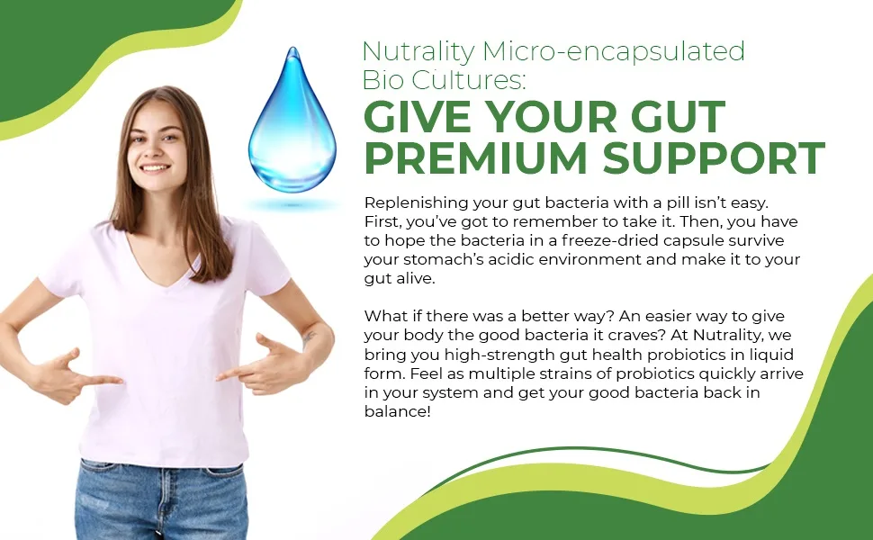 Nutrality Micro Encapsulated Cultures Complex Advanced Delivery Probiotics Supplement Gut Health 500ml - High Strength Lemon Digestive Enzyme Liquid Lactobacillus Acidophilus & Bifidobacterium - Nutrality Bio Cultures