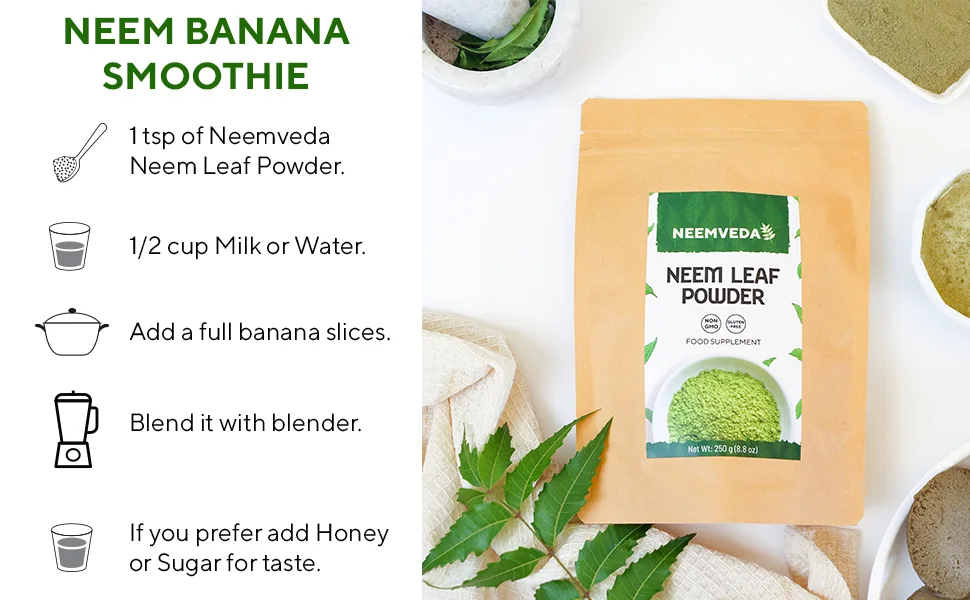 Neemveda Neem Leaf Powder 250 Grams (Azadirachta Indica) for Eating Organically Grown Premium Quality Neem Powder - Neem Recipe