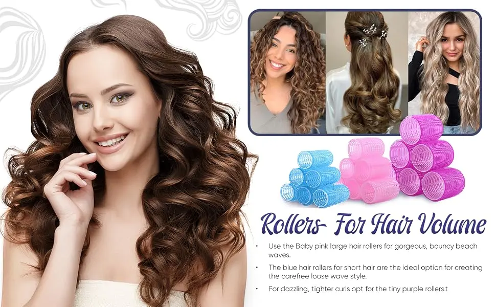 DEALFREE.24 33 PCS Hair Rollers Set | 18 Self Grip Velcro Rollers for hair Volume (45+35+25mm) 12 Curl Clips 1 Tail Comb & 1 Braid Device | Large Hair Rollers with Clips for Effortless Curling - Rollers for hair volume