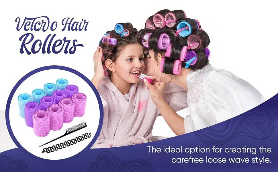 DEALFREE.24 33 PCS Hair Rollers Set | 18 Self Grip Velcro Rollers for hair Volume (45+35+25mm) 12 Curl Clips 1 Tail Comb & 1 Braid Device | Large Hair Rollers with Clips for Effortless Curling - Velcro Hair Rollers