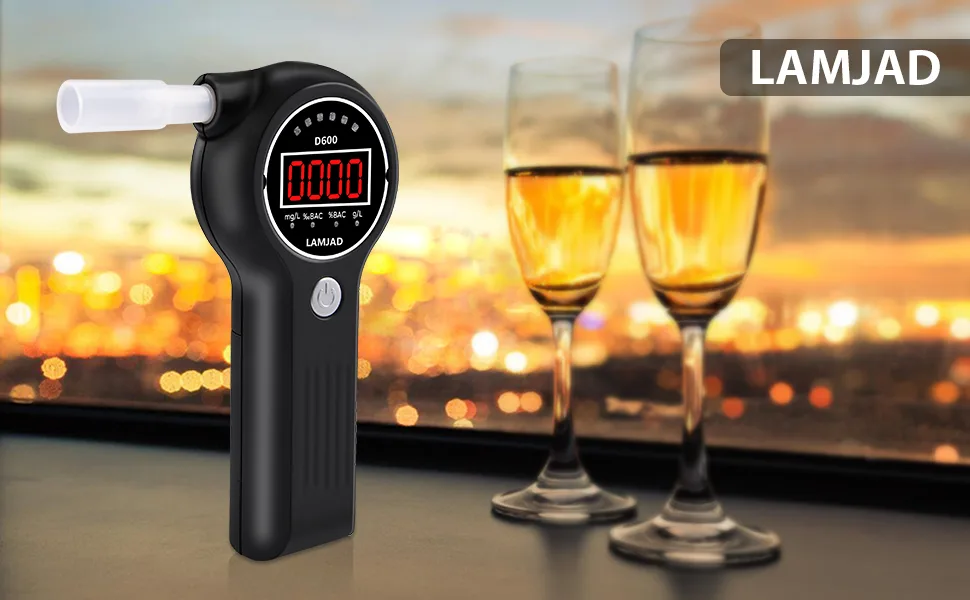 LAMJAD Breathalyser alcohol tester with 10 mouthpieces alarm light and LED display portable alcohol tester for personal and professional use D600 - 6 UK