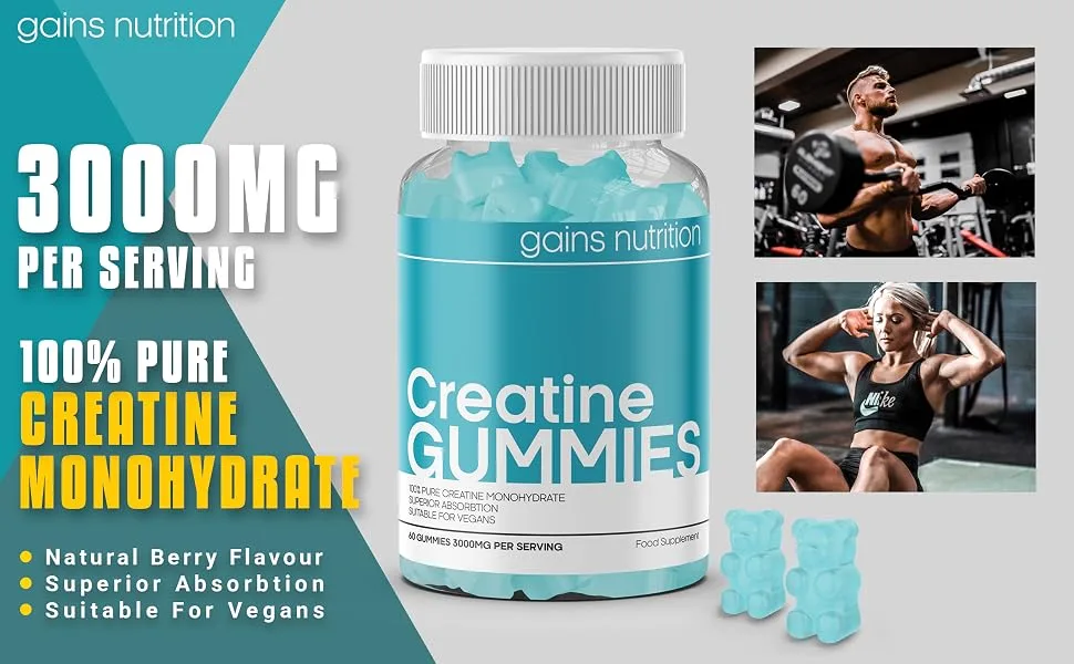 Creatine Gummies for Men & Women - 60 Chewable Gummies (1 Months Supply) - 3000mg Creatine Monohydrate Per Serving - Natural Berry Flavoured Suitable for Vegans - Creatine Chewable Gummies