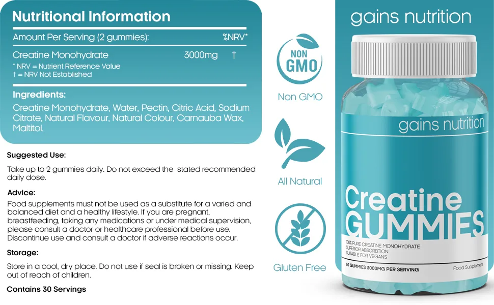 Creatine Gummies for Men & Women - 60 Chewable Gummies (1 Months Supply) - 3000mg Creatine Monohydrate Per Serving - Natural Berry Flavoured Suitable for Vegans - Creatine Chewable Gummies