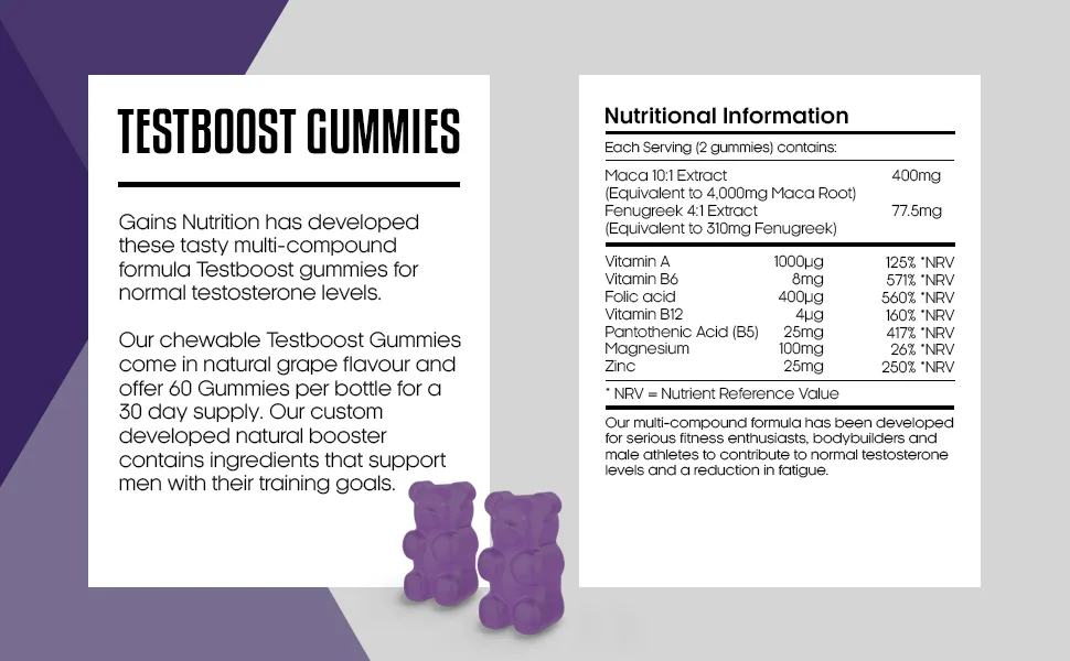 Testboost Gummies for Men - Natural Testosterone Supplement - Zinc and Magnesium Booster with Maca & Fenugreek - Natural Grape Flavoured Suitable for Vegans - Testboost Formula Gummies
