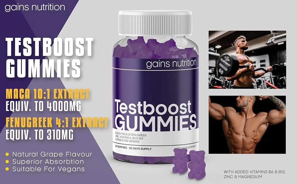 Testboost Gummies for Men - Natural Testosterone Supplement - Zinc and Magnesium Booster with Maca & Fenugreek - Natural Grape Flavoured Suitable for Vegans - Testboost Gummies