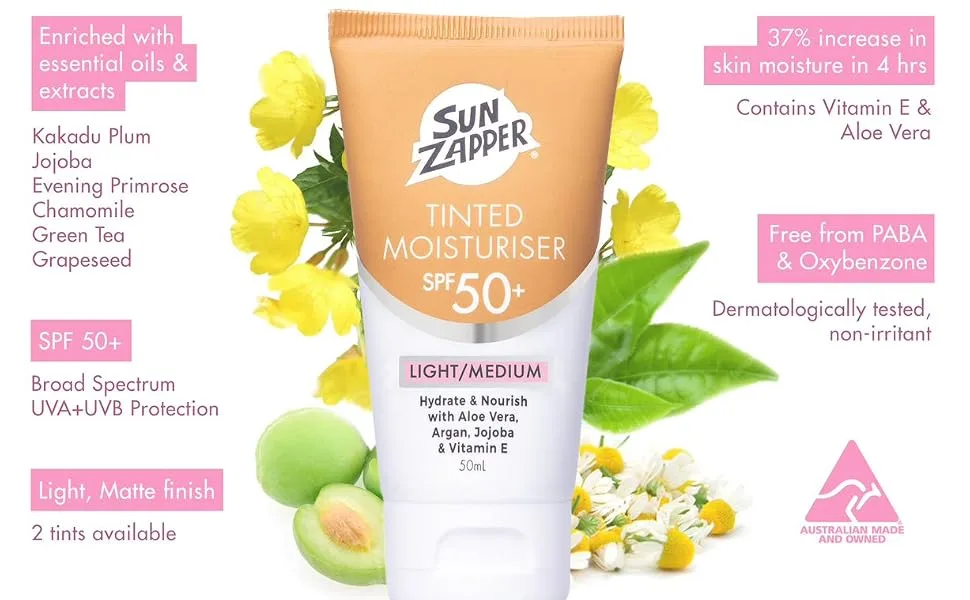Tinted Moisturiser SPF 50 Face Moisturiser with Tinted Sunscreen for Face - Sun Zapper Australian BB Cream Medium/Dark 50ml - sun zapper tinted