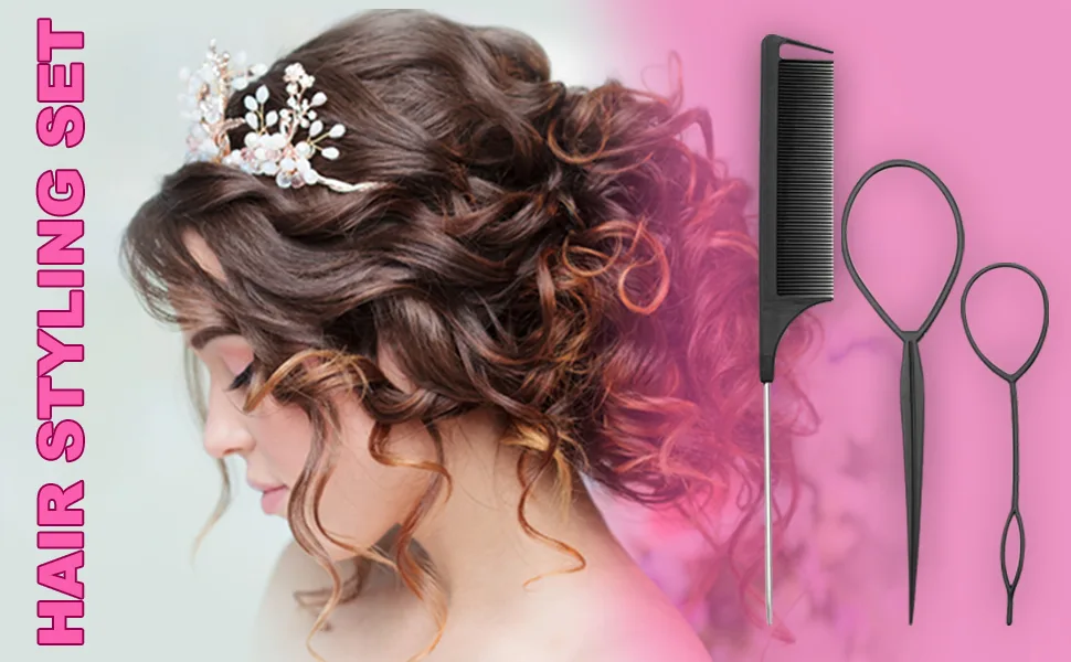 Hair Braiding Tool Rat Tail Comb Braid Tail Hair Loop Tool - Hair Pull Through Tool Pin Tail Comb - Parting Comb hair Twister looping Tool Elastic Hair ties French Braid Gift Set - Girls hair Styling