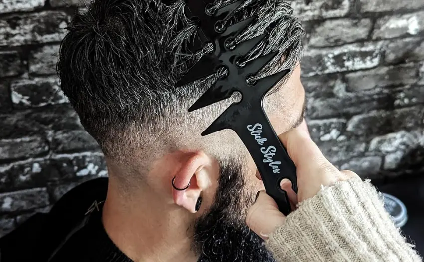 Slick Styles Texture Comb Black Hair Styling Barbers Comb Wide Tooth Comb 200mm x 80mm Large Two Sided Mens Comb Fantail Handle - Slick Styles Texture Comb In Use 2 -Alternative