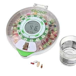 EDOSO Smart Automatic Pill Dispenser with Alarm | Model 2021 | 9 Alarms per Day | Large Display and Buttons | English Rings | 2 Secure Locks | High Medication Capacity - Edoso M21 Automatic Pills and Glass Tablet Box