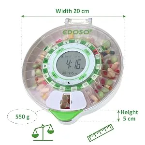 EDOSO Smart Automatic Pill Dispenser with Alarm | Model 2021 | 9 Alarms per Day | Large Display and Buttons | English Rings | 2 Secure Locks | High Medication Capacity - EN EDOSO M21 automatic pill box width length height