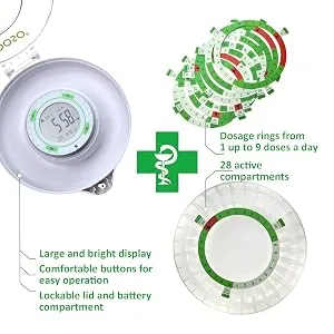 EDOSO Smart Automatic Pill Dispenser with Alarm | Model 2021 | 9 Alarms per Day | Large Display and Buttons | English Rings | 2 Secure Locks | High Medication Capacity - EN EDOSO M21 Automatic Pill Dispenser Display Carousel Rings