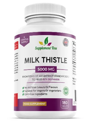 Milk Thistle Tablets 5000mg 180 Vegan Tablets - High Strength 80% Silymarin Milk Thistle Extract Supplement - One a day 6 Months Supply UK Made By Supplement Tree - Liver Detox Tablets