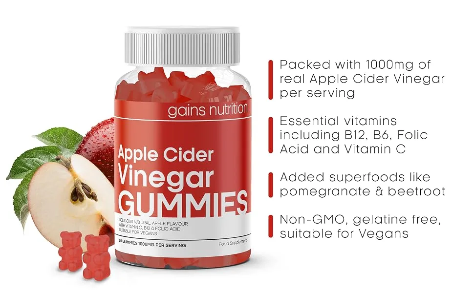 Apple Cider Vinegar Gummies 1000mg Per Serving - Enhanced with Vitamin B12 & Folic Acid - 60 High Strength ACV Vegan Gummies - Apple Cider Vinegar Gummies