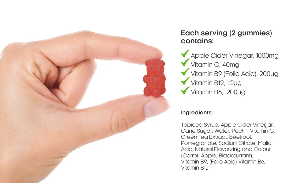 Apple Cider Vinegar Gummies 1000mg Per Serving - Enhanced with Vitamin B12 & Folic Acid - 60 High Strength ACV Vegan Gummies - Apple Cider Vinegar Gummies