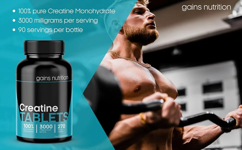 Creatine Monohydrate Tablets - 3000mg Per Serving - 270 Vegan Tablets - 90 Days Supply - Gains Nutrition - Creatine Tablets - 3000mg Per Serving - 90 Days Supply