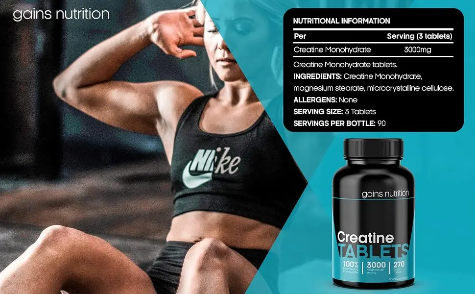Creatine Monohydrate Tablets - 3000mg Per Serving - 270 Vegan Tablets - 90 Days Supply - Gains Nutrition - Creatine Tablets - 3000mg Per Serving - 90 Days Supply