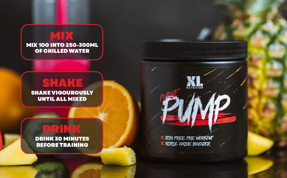 XL Nutrition Purge Pump | Stim Free Pre Workout | Nitric Oxide Booster | Increase in Blood Flow | 300 Grams | 30 Servings (Raspberry Lemonade) - How to use