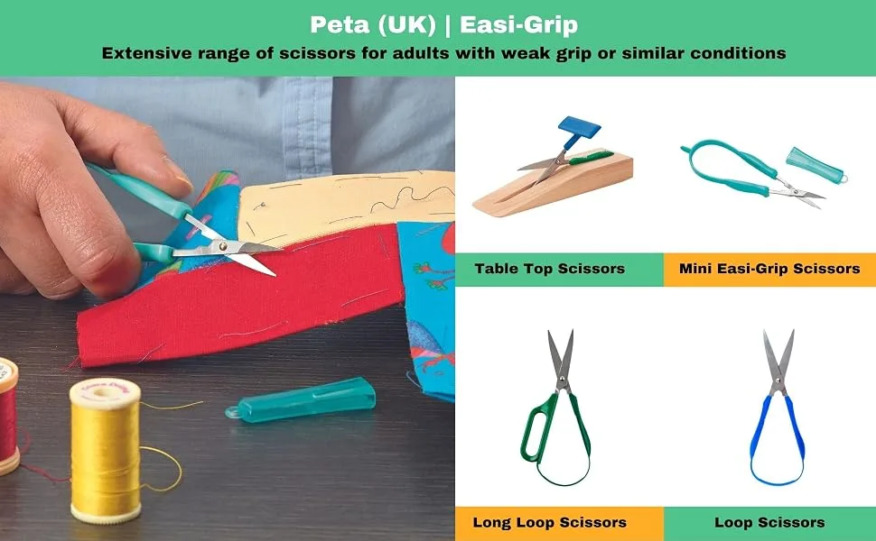 PETA Easi-Grip Long Loop Scissors Stainless Steel and Polymer Handle Self Opening Scissors Ergonomic Grip for Anyone with Poor Hand Control Weak Grip and Joint Problems 45mm Pointed Blade - Peta Easi-Grip Scissors Adult