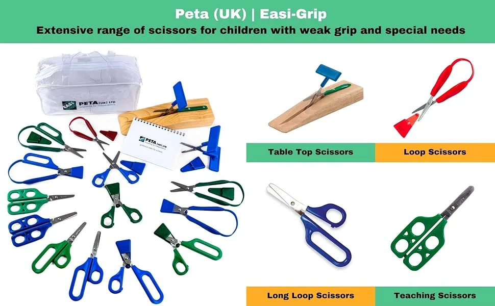 PETA Easi-Grip Long Loop Scissors Stainless Steel and Polymer Long Loop Handle Adaptive Self Opening Scissors Ergonomic Grip to Increase Stability Ideal for Anyone with Poor Hand Control Weak Grip and Joint Problems 45mm Rounded Blade - Peta UK Kids Scissors