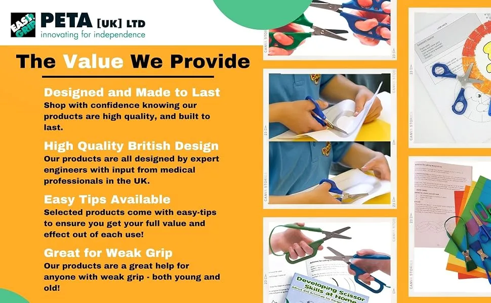 PETA Easi-Grip Long Loop Scissors Stainless Steel and Polymer Long Loop Handle Adaptive Self Opening Scissors Ergonomic Grip to Increase Stability Ideal for Anyone with Poor Hand Control Weak Grip and Joint Problems 45mm Rounded Blade - The Value We Provide