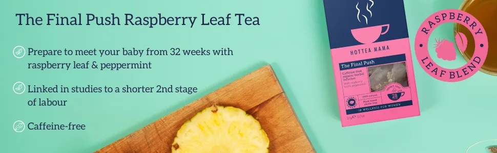 HOTTEA MAMA | The Final Push | Organic Raspberry Leaf Tea & Peppermint Blend for Pregnancy | Caffeine Free | Herbal Tea | 14 Whole Leaf Biodegradable Pyramid Bags - Makes 28 Cups Single - HotTea Mama The Final Push raspberry leaf tea blend drink in third trimester to prepare for labour