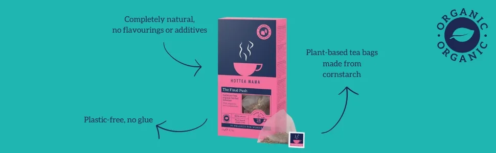 HOTTEA MAMA | The Final Push | Organic Raspberry Leaf Tea & Peppermint Blend for Pregnancy | Caffeine Free | Herbal Tea | 14 Whole Leaf Biodegradable Pyramid Bags - Makes 28 Cups Single - HotTea Mama The Final Push raspberry leaf tea is organic, plant based and natural