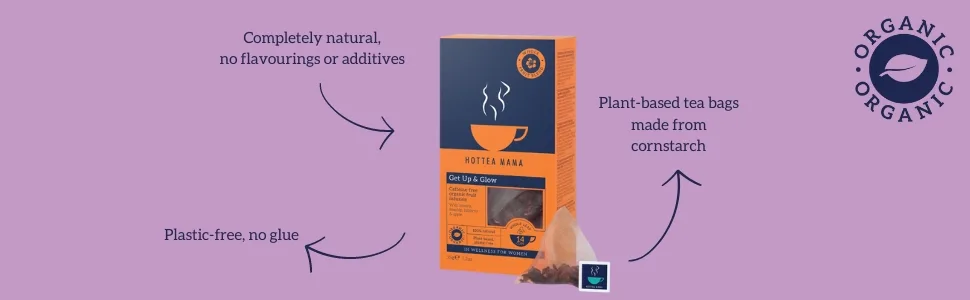 HOTTEA MAMA | Get Up & Glow | Organic Whole Fruit Tea | Vitamin Rich | Caffeine Free | Fruit Tea | 14 Whole Leaf Biodegradable Pyramid Bags - HotTea Mama Get Up & Glow packaging is organic, plastic free, plant based, natural